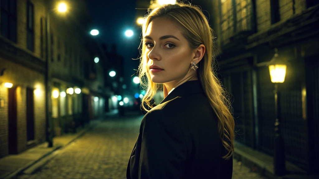 tatuados,Beautiful blonde with big breasts in a black suit、(Back tattoo、Many tattoos on both arms and neck)、 (Late night back alley、walk),Candlelight only,Very detailed, 21 years old, Innocent face, Wavy Hair, blue eyes, High resolution, masterpiece, Highest quality, Intricate details, Very detailed, Clear focus, Delicate skin, practical skin texture, texture, Delicate eyes, Professional, 4K, Sad face,despair、 Shot with Canon, 85mm, Shallow and deep, Kodak Vision Color, Exactly, Very detailed, photograph_\(Extremist\), photographpractical, practical, Post-processing, Maximum details, Roughness, Real Life, Extremist practical, Photorealism, photographgraphy, 8K Ultra HD, photographgraphy