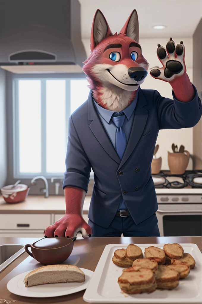 Joachim Wolfbach (Zootopia),tall handsome, wolf,young, 24 years, brown fur, hair on the head,(red body:1.3),Blue eyes, Moscow Dressed, shirt,blazer, tie,trousers,canine, wolf, detailed fur, Male, antro, paw pads, finger claws, waving, waving at viewer, 5 fingers, paws, 5 fingers, smile, happy, resting, wrist watch, т nextel, lying on the couch at home, by xenoforge, (difficult, high detail, film photography, soft focus, RAW, in the kitchen, preparing lunch, tea, 
photorealism, realistic, photorealistic, analog style, subsurface scattering, 
masterpiece, Best quality, ultra realistic, 8 K)