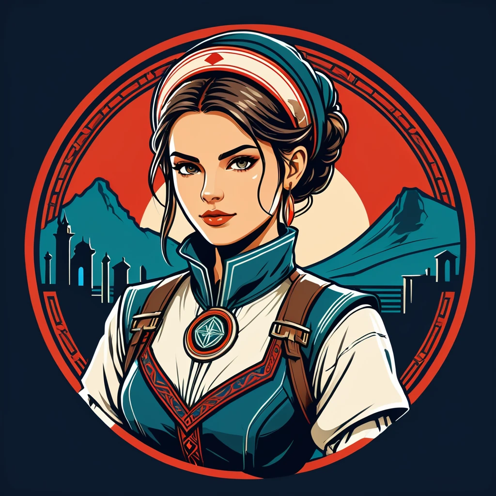 female	netrunner	in italian folk outfit	,vector graphics, strong contours, logo design																						