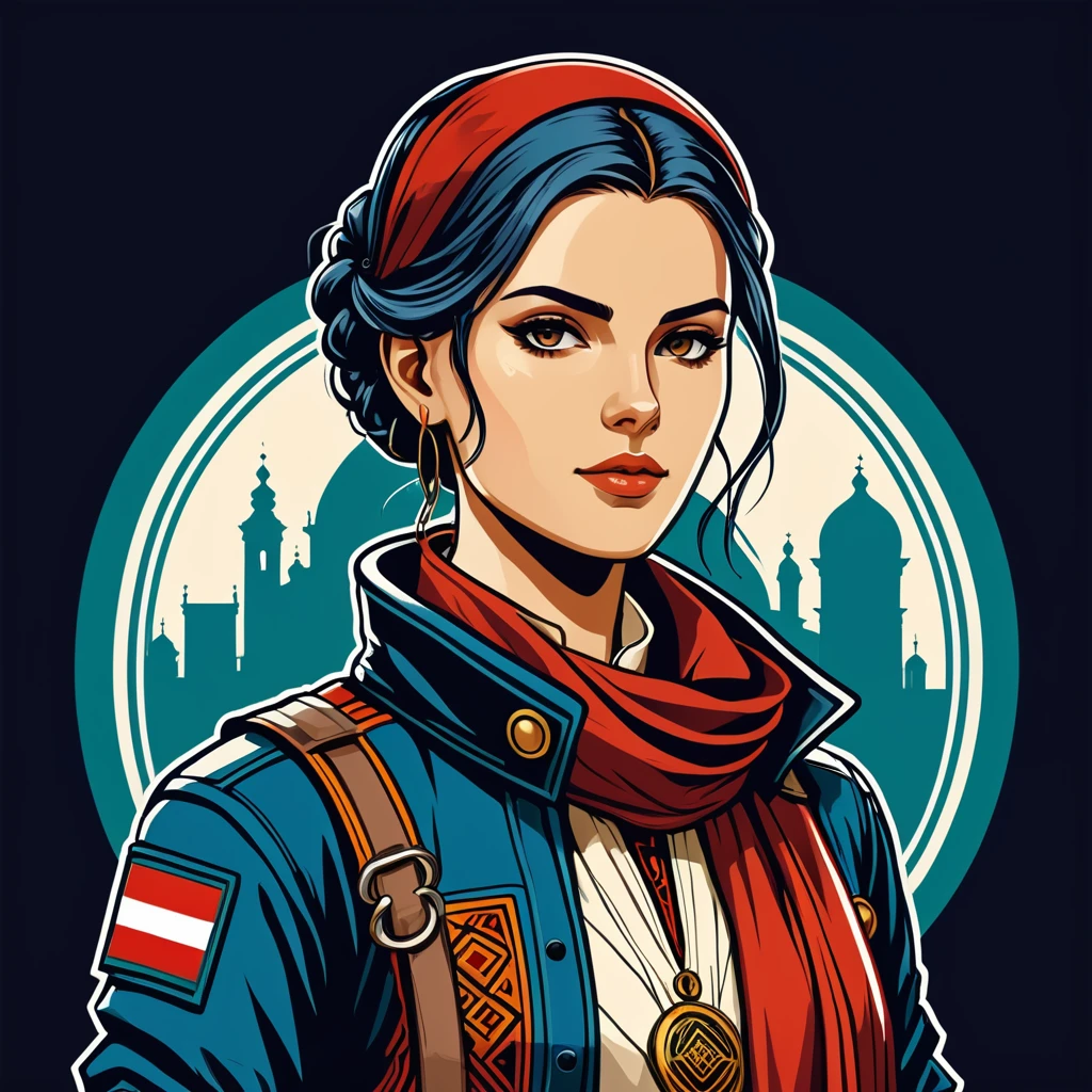 female netrunner in italian folk outfit ,vector graphics, strong contours, logo design