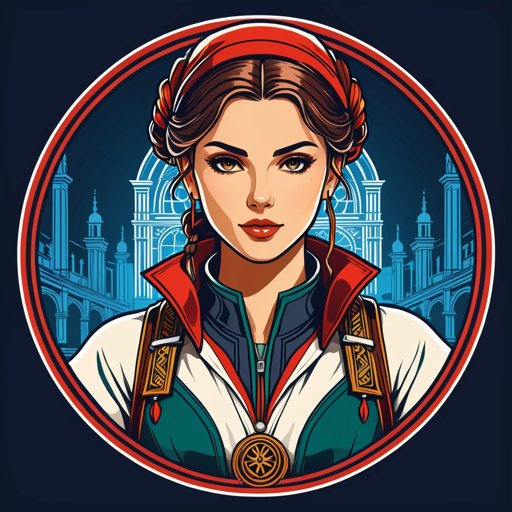 female	android	in french folk outfit	,vector graphics, strong contours, logo design																						