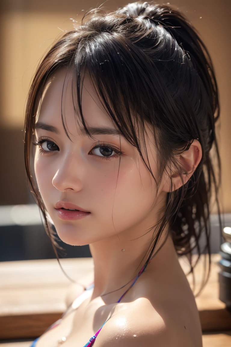 (Tabletop:1.3), (8k, Realistic, RAW Photos, Highest quality: 1.4), Japanese, (One Girl), Beautiful Face, (Realistic face), (Black Hair), Beautiful hairstyle, Realistic eyes, Beautiful attention to detail, (Realistic skin), Beautiful Skin, charm, 超High resolution, 超Realisticな, Very detailed, Golden Ratio,. (3. gill:1.5), (Sony Alpha 1, 50.1 megapixel full-frame CMOS sensor, 8k video recording function), (Telescope Lens), (Realistic),(8k, 超High resolution, Highest quality, Tabletop:1.2),Very detailedな,Beautifully detailed face, Complete Anatomy,(Beautiful attention to detail:1.3),smile,Very delicate and beautiful, Very detailed, Hmph, Unity, 8k Wallpaper, wonderful, In detail, Very detailedな, High resolution, Very detailed, Very detailed目と顔,Wet, ((luxury:1.1)),((Colorful micro bikinis.1)), [ponytail],(Big Breasts, Cleavage.3),