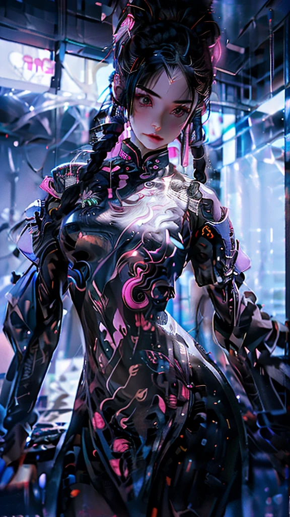 creates an ultra realistic 3D image of a beautiful cyberpunk girl with violet eyes in all her ornaments with long hair with cool braids in hot pink dressed in a shiny black latex lycra fitted to her body cool and creative fitness , full body in cool dynamic poses, cool graffiti wall environment in intense microparticulate pink neon in the pink color of the whole image, the image must be perfectly detailed apply HDMI technologies, 1200 dpi and full definition