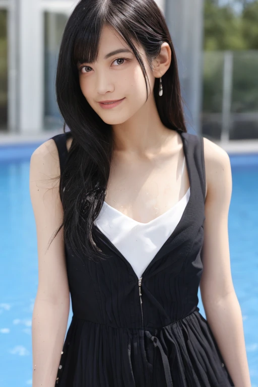 gorgeous woman, 1 girl, white one-piece swimsuit:1.2, skinny, healthy, perfect body:1.2, abs:1.1, dark brown hair:1.1, rain wet, wet body:1.2, night pool room:1.6, ultra-detailed face, detailed lips, detailed eyes, double eyelids, pubic hair, black skin, trimmed bangs, shy smile, (best quality,8k,masterpiece:1.3)