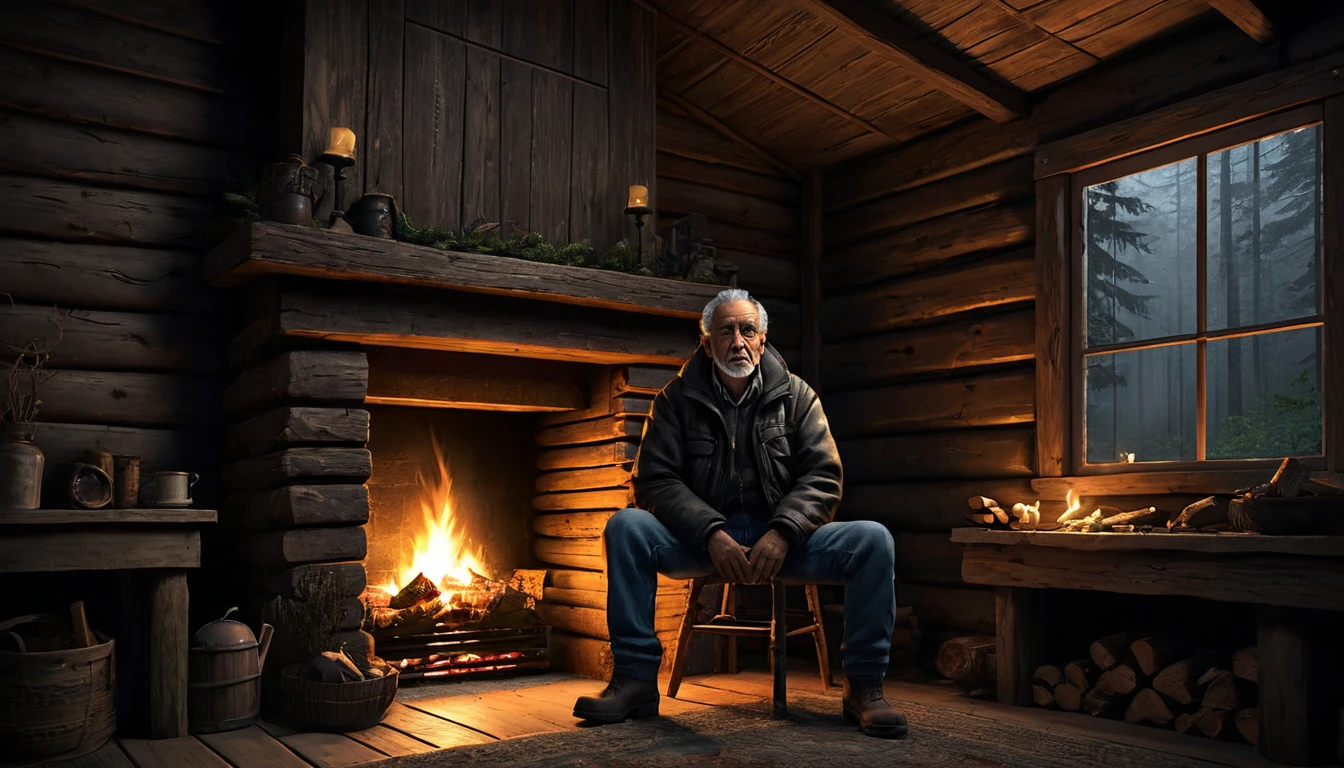 010: Create a detailed and ultra-realistic night scene in a 16:9 format featuring Juan Carlos Martínez, an experienced truck driver, entering a small wooden cabin in the dense forest. He is a middle-aged man with a rugged appearance, wearing a dark jacket, jeans, and boots. Inside, he finds an old man sitting near a lit fireplace. The old man greets him with a wise and tired look, as if he had been expecting his arrival. The man introduces himself as Don Manuel and starts conversing with Juan Carlos about local legends. He tells stories of restless spirits and entities that inhabit the forest, wandering among the trees in search of something they will never find. The warm glow of the fireplace casts flickering shadows on the cabin's wooden walls, creating an eerie and mysterious atmosphere. The scene should have a dark background, cinematic color tones, and a detailed, realistic depiction of the characters and setting. The overall mood should be mysterious and ominous, with a strong contrast between the warm light of the fireplace and the dark, foreboding forest outside.