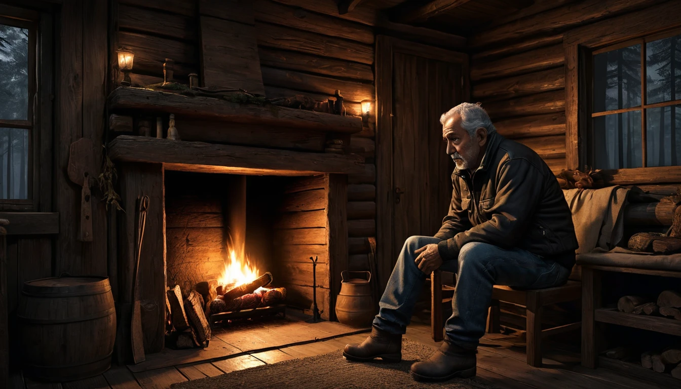 010: Create a detailed and ultra-realistic night scene in a 16:9 format featuring Juan Carlos Martínez, an experienced truck driver, entering a small wooden cabin in the dense forest. He is a middle-aged man with a rugged appearance, wearing a dark jacket, jeans, and boots. Inside, he finds an old man sitting near a lit fireplace. The old man greets him with a wise and tired look, as if he had been expecting his arrival. The man introduces himself as Don Manuel and starts conversing with Juan Carlos about local legends. He tells stories of restless spirits and entities that inhabit the forest, wandering among the trees in search of something they will never find. The warm glow of the fireplace casts flickering shadows on the cabin's wooden walls, creating an eerie and mysterious atmosphere. The scene should have a dark background, cinematic color tones, and a detailed, realistic depiction of the characters and setting. The overall mood should be mysterious and ominous, with a strong contrast between the warm light of the fireplace and the dark, foreboding forest outside.
