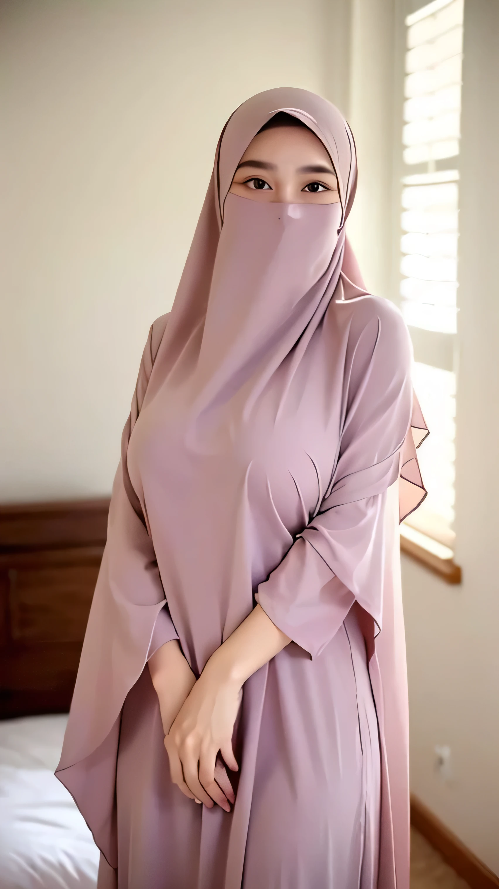 (HIJAB ), Skinny pink satin hijab girl naked (DARK SHINY SKIN), SADNESS , teddy bear