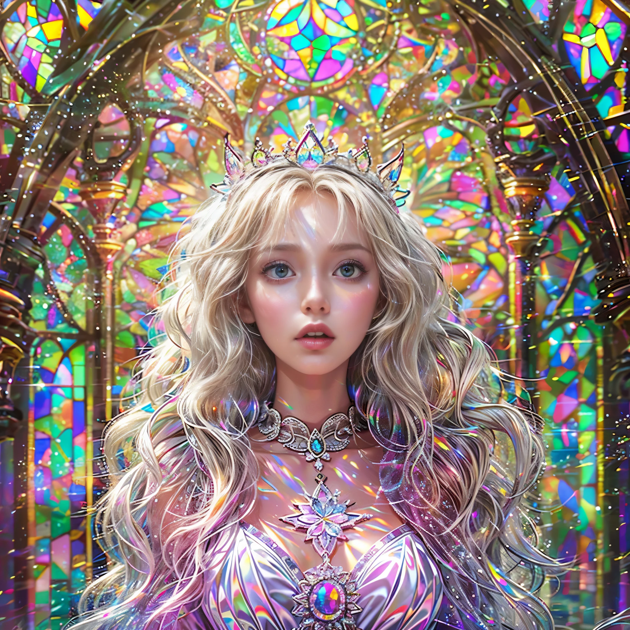  (Cathedral from below:1.28) (ZoomLayer) TopQuality 8K masterpiece of ((Professional photo)), (((Clarisse de Cagliostro))) (Detailed White WeddingDresses), Chain, (((Extremely detailed KAWAII face))) {((VeiledFace))|BlondeHair|(Elaborate BuleEyes)with(SparklingHighlights:1.28)}, The background is distant (((Elaborate stained glass))) Rainbow Glass, {(MysticSight)|EnchantingAtmosphere|Haze|(GodRays)|TyndallEffect}, Radiant PearlSkin with Transparency, (Exposed:0.39)