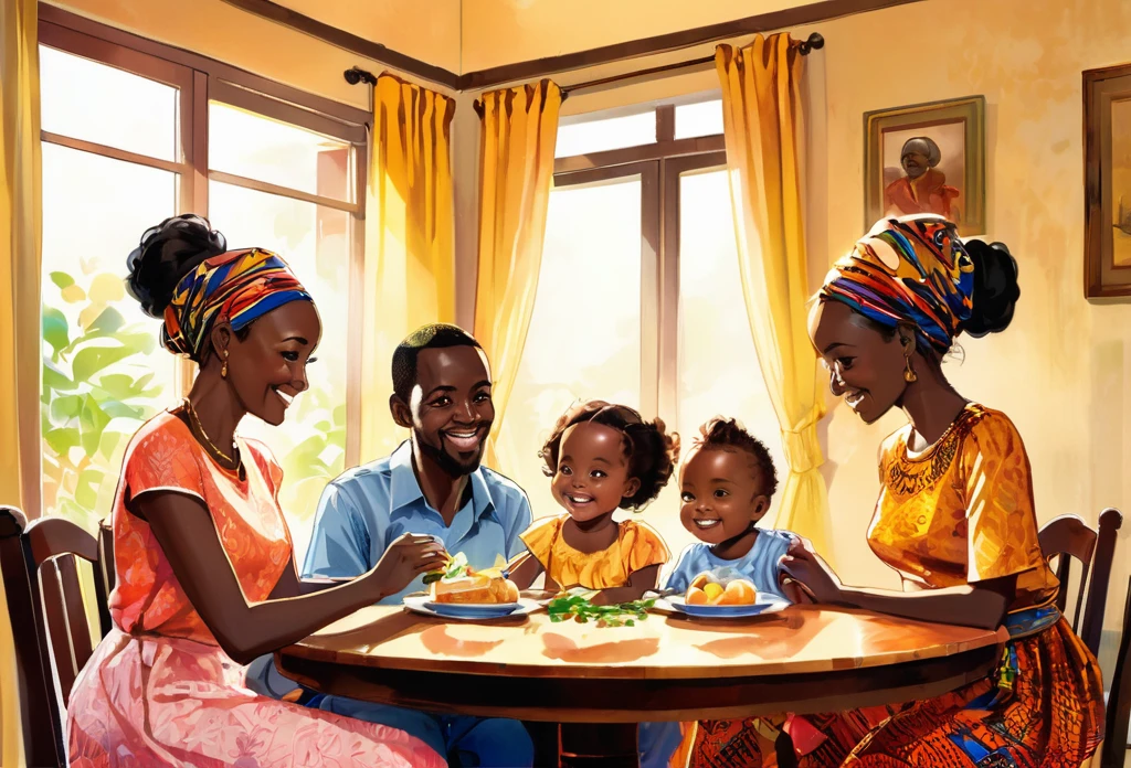 A family of 5, father, mother, a five years old boy, a thirteen years old girl, and a one year old baby girl on the mother's lap, sitting in the dinning room, discussing, smiling, family, casual dress, Indoor.
African (masterpiece best quality:1.2) delicate illustration ultra-detailed, illustrations, bright, colourful,