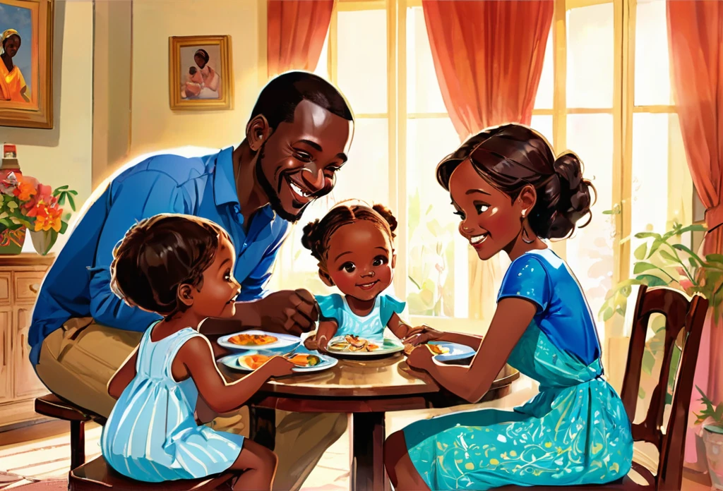 A family of 5, father, mother, a  boy, a thirteen yearsne year old baby girl on the motherng in the dinning room,  discussing, smiling, family, casual dress,  Indoor. 
African (masterpiece best quality:1.2) delicate illustration ultra-detailed, illustrations, bright, colourful, 