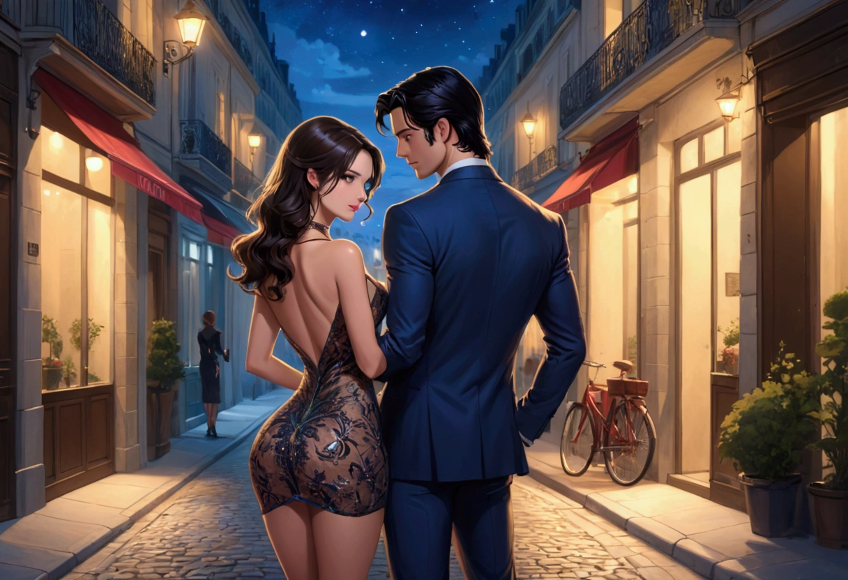 At night, in a french street, a sexy woman wearing nice dress showing off her ass to a handsome dark hair man bad boy