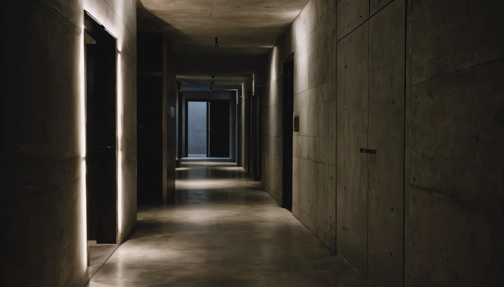 Dimly lit apartment hallway、concrete、