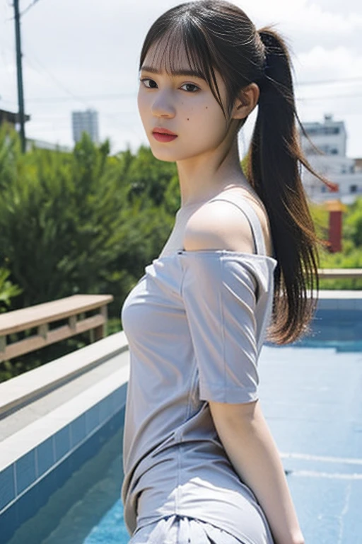 (((1 woman: 2))), ((Beautiful girl in stylish super shiny silver latex miniskirt dress)), ((ニップレス))、(ニーハイ)、(high Ponytail)、網タイツ、(濡れて透けて見える服)、(Super body fitting silver latex miniskirt dress:1.5), ((Beautiful girl on the roof of a building with a beautiful night view)), (18 year old pretty girl), ((1screen)), in 8K, RAW shot, (Angle from the side:1.5)、top quality photo, masutepiece, Nice realistic photos, ((Anatomically correct proportions: 1.5)), Beautiful black-haired woman like a Japanese actress, small head, Detailed face, Detailed eyes, Narrow Nose, Detailed fingers, detailed arms, Detailed skin, Detailed legs, short torso, (Narrow waist:1.5), Large breasts, Small buttocks, Posing for gravure photos, ((Sitting with crotch open)), Heavy rain , (Rain-drenched body: 1.2), (Bodysuit with water droplets: 1.2), (Rain-soaked hair: 1.2) , (Rain-soaked bangs: 1.2), Beautiful woman wearing a high-neck off-shoulder miniskirt dress