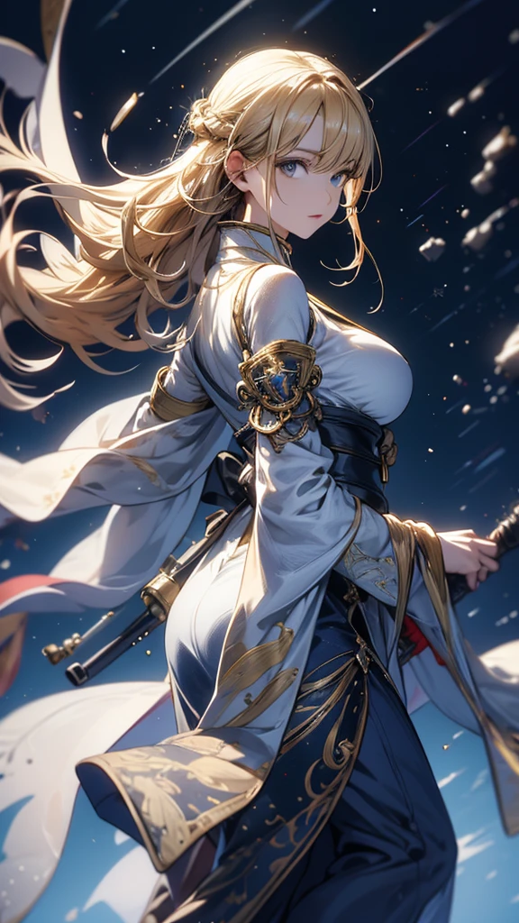 masterpiece, high quality, 4K, Beautiful design, silhouette，blonde， 非常に詳細な夜のStarry Sky,Cold ice world， wonderful, Finer details,  Very knowledgeable woman, Highly detailed solo, 1 female,Big Breasts，Butt Emphasis，High-neck dress，No sleeve，Night view，Starry Sky，full moon，firework，