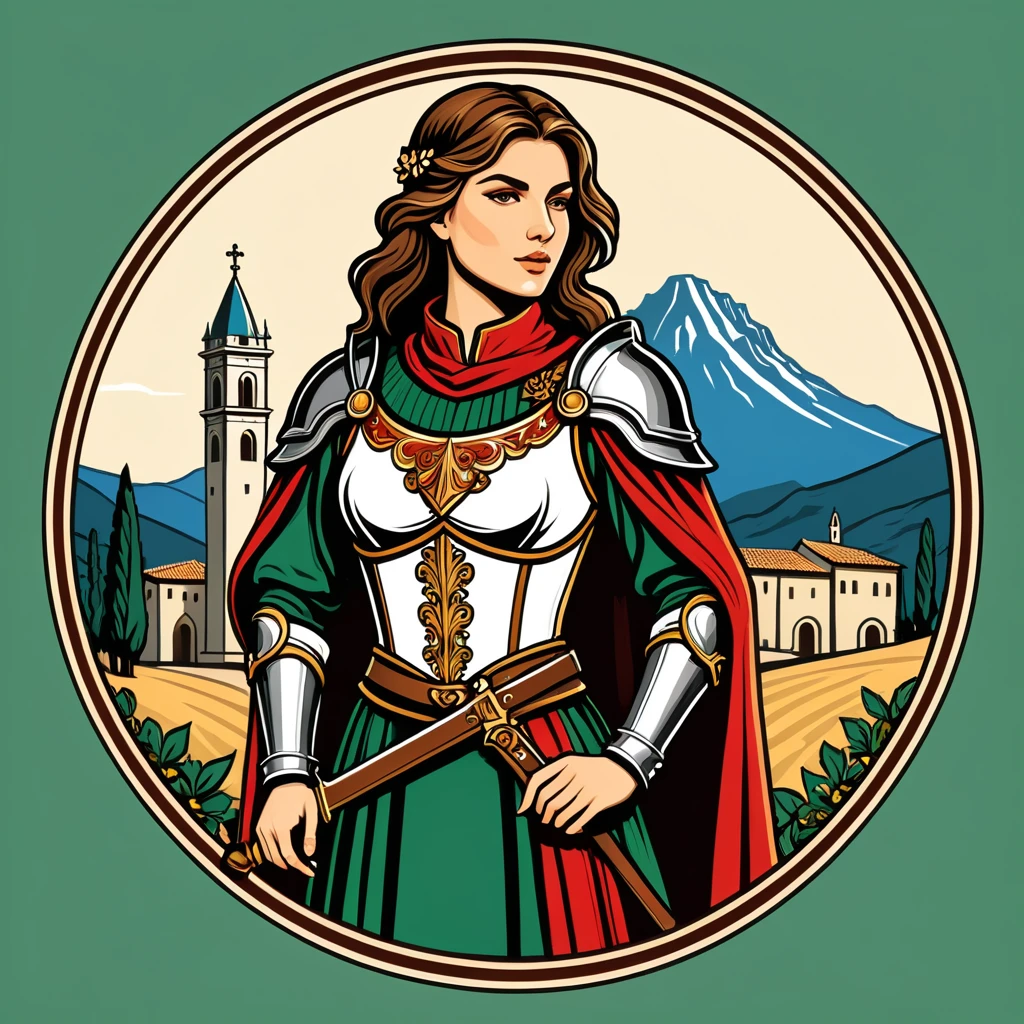 female paladin in italian folk outfit ,vector graphics, strong contours, logo design