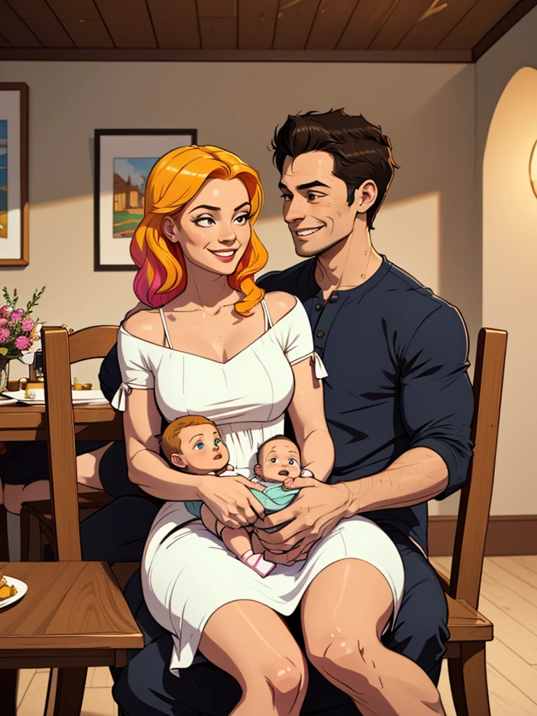 A family of 5, father, mother, a five years old boy, a thirteen years old girl, and a one year old baby girl on the mother's lap, sitting in the dinning room,  discussing, smiling, family, casual dress,  Indoor. 
African (masterpiece best quality:1.2) delicate illustration ultra-detailed, illustrations, bright, colourful, 