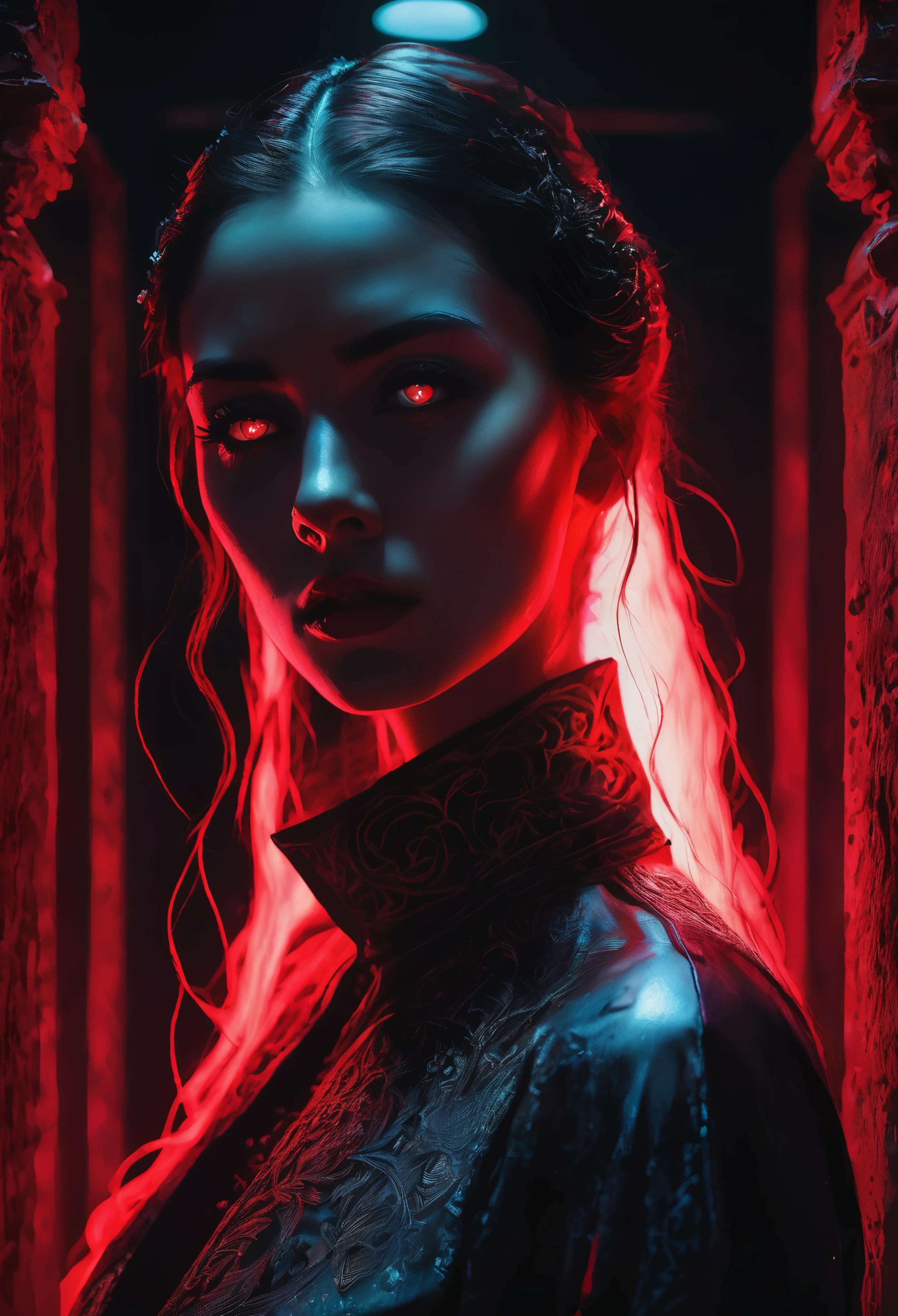 Lost in the crimson glow of HellSin Corporation's UHQ photography, a mysterious woman is bathed in vivid red light, her form illuminated in the absence of darkness. The image is a photograph that captures her haunting presence amidst the fiery hue, her figure shrouded in a veil of mystery. The high-quality depiction showcases her ethereal beauty and enigmatic aura, drawing viewers in with its compelling composition and striking use of color.a high-contrast, ultra-high-quality photography image of a young, distressed female with porcelain skin, her facial expression a mix of fear and desperation, standing amidst the eerie, crimson-hued landscape of HellSin Corporation, the vivid red light enveloping her like a fiery aura, with no darkness or shadows to escape into, her piercing green eyes gazing upwards as if searching for a way out, her long, curly brown hair disheveled and tangled, her slender figure clothed in a tattered white dress that seems to glow in the intense red light, with HellSin Corporation's logo emblazoned on the wall behind her in bold, metallic letters, the overall atmosphere one of foreboding and desperation, captured in a cinematic, wide-angle shot with a shallow depth of field, exaggerated shadows and vibrant colors, evoking a sense of tension and unease. A strikingly enigmatic secretary of the HellSin Corporation, with every aspect radiating unease and vulnerability amidst a subtle, yet palpable darkness: a sleek, yet slightly disheveled suit with a crimson tie, sharp winged eyeliner framing piercing, yet anxious eyes, and an air of quiet desperation. Ruby-red light sources, perhaps from flickering candles or dim lamps, cast an eerie glow on her pale skin, accentuating the intricate tattoos peeking out from beneath her sleeves. Bright, silver lighting from nearby floor lamps or overhead fixtures adds a stark contrast, illuminating the fine details of her features, and creating an unsettling sense of exposure. This captivating, high-cinematic-qua