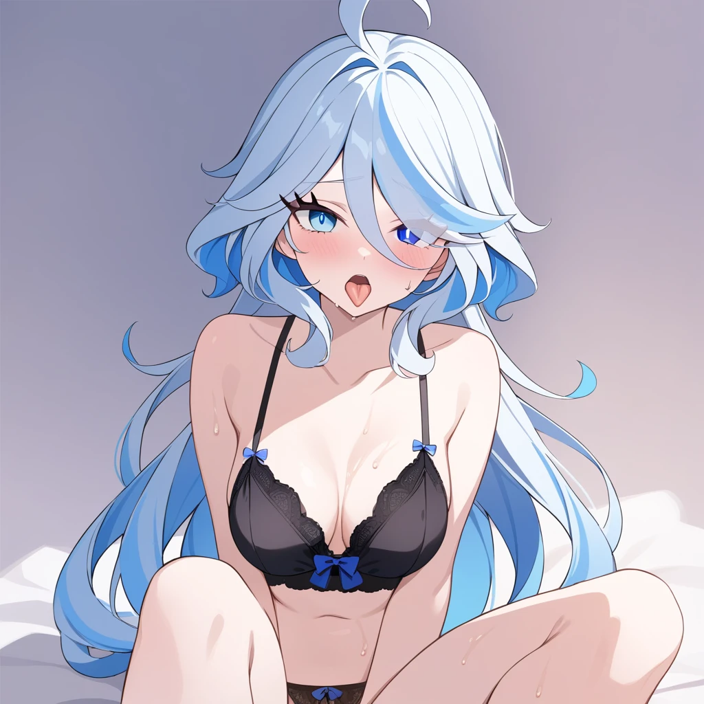 High quality,Furina(genshin impact),white and blue hair,blue eyes (glowing),long hair,no hat,Short ahoge,Showing bra,yandere face,sweat,tongue,look at viewer,sitting on viewer,Showing her panties,ahegao