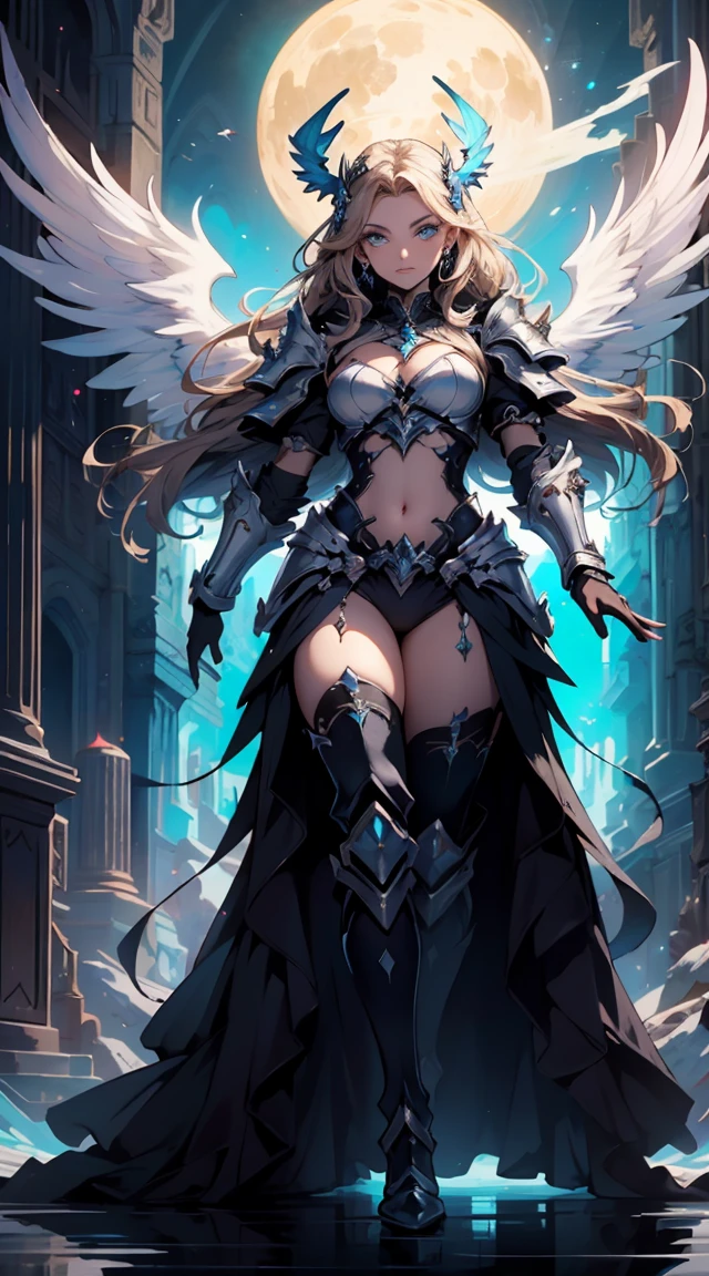 (((masterpiece))) (((highest quality))) (((8k resolution))) Queen in power armor, (gothic style), (full body shot 1.2), bellybutton, The most beautiful and sexy angel goddess, with long light brown hair, and glowing blue eyes, wearing intricate white gothic battle armor, angel wings, standing majestically in front of a gothic castle. ((perfect illumination)), a radiant glowing aura surrounds her, highlighting her divine presence and ethereal beauty, as she stands ready to defend her realm. The intricate details of her armor shimmer under the moonlight, and her angelic wings spread wide, casting an awe-inspiring shadow. Her glowing blue eyes exude both kindness and immense power, making her the epitome of grace and strength.