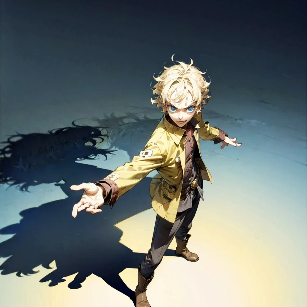 Grassroot, white simple background, Full body version, shadow, standing gesture, (one piece style art), zombie boy, blue eyes, blonde colour hair, short Curly haircut, vintage clothing style, boots, Beretta hat, high angle view 