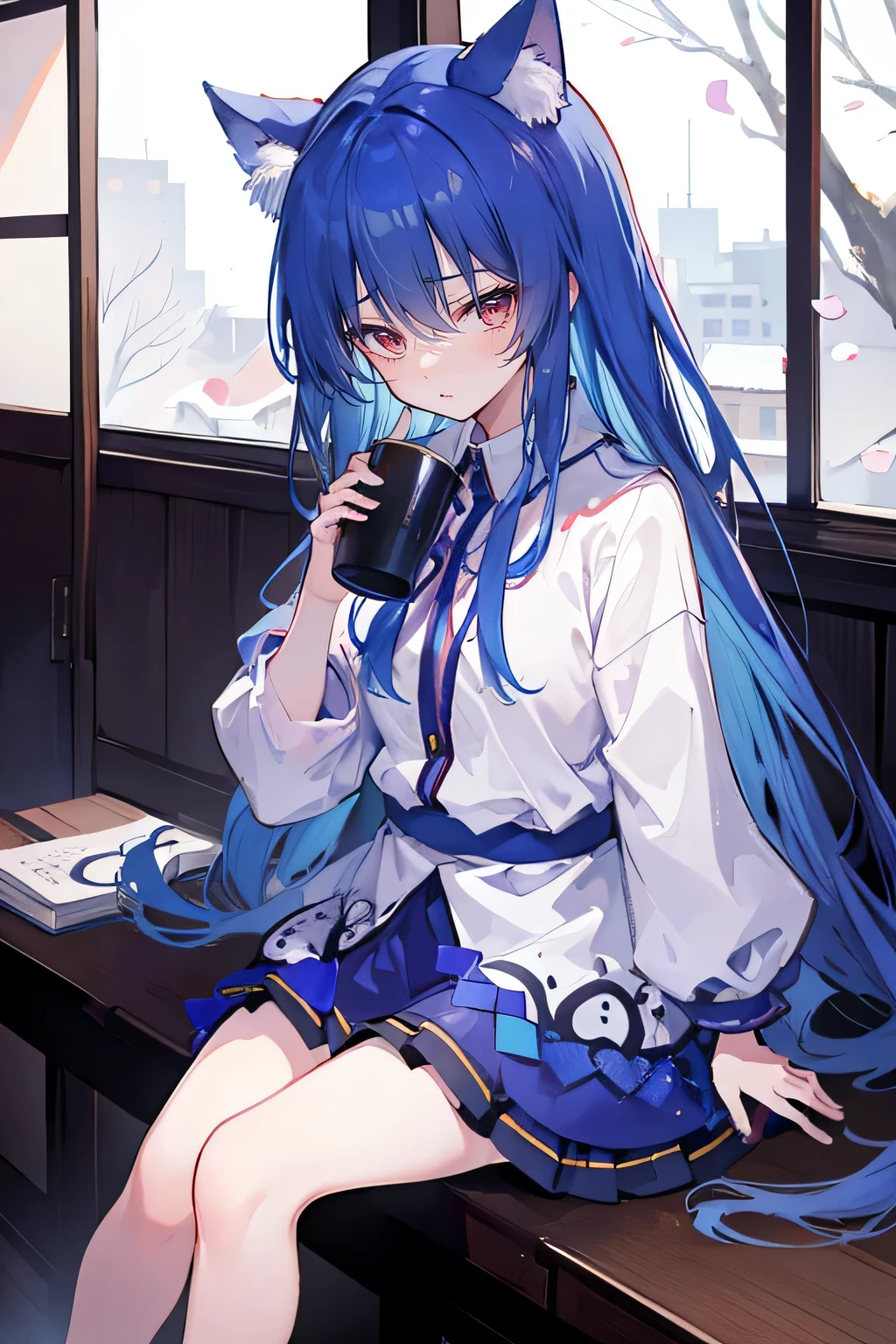 (Masterpiece:1.2),Ultra-detailed,lifelike,The eyes are expressive,Fair skin,Perfect face shape,1 girl,
Japanese Manga,Gorgeous blue hair,Flowing blue hair,Flowing clothes,Cat ears,Petals falling,Beautiful Lola,little angel,
Cross your legs,Gentle and peaceful background,Smile,Wearing a sweatshirt,Tokyo background,background,heavy snow,winter.Highest quality,perfect face,sitting on window sill drinking coffee and looking out the window