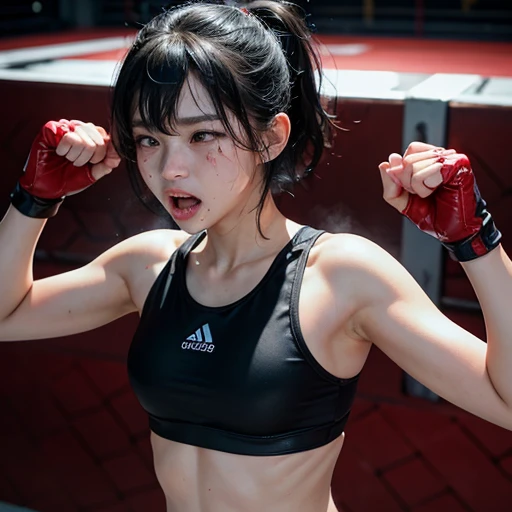 a bloody japanese girl fighter and a lady fighter is fighting in the octagon ring. the lady. the lady is punching the girl's face so hard in a series . the girl has no energy. the girl is crying and screaming. the girl has short-cut black hair, shortness of breath, drool from her mouth, closed eye, exhaustion, and sweat soaked. open finger grobe. full body. Muscularity. Six pack abs. Erect nipples.