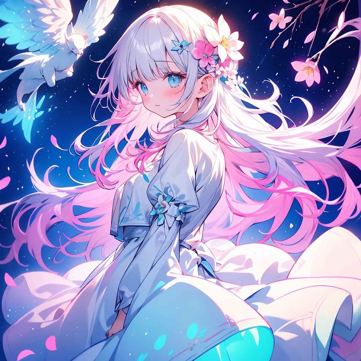 masterpiece,{{1girl}},love story game cg,{{{{white background,white illustration}}},{round branch},fluttering petals,wavy hair,profile,shiny outline,floating hair,flat color girl,eyelashes,monochrome, white hair,white clothes, watercolor (medium),luminous iridescent glowing flower,colorful flower,shiny flower,flower hair ornaments,turquoise flower,flower reflection,branch, {{flower made of glass}},{pink flower}, powder light in flower