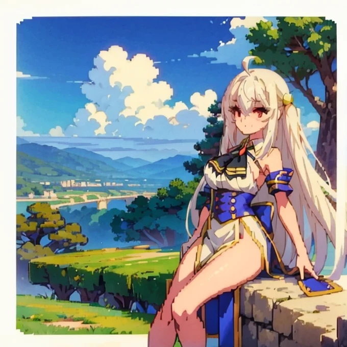 {ninym ralei}, beautiful girl, (White hair, Red eyes), It is leaning on the side of a tree, look at the kingdom from a hill, background of a kingdom with a beautiful red and white castle, fantasy sky, (sky of a magical world), {open world video game cover type image}, Pixel art style, pixel art: 1.1, high quality, the highest quality possible, 16k, ultra definition, 