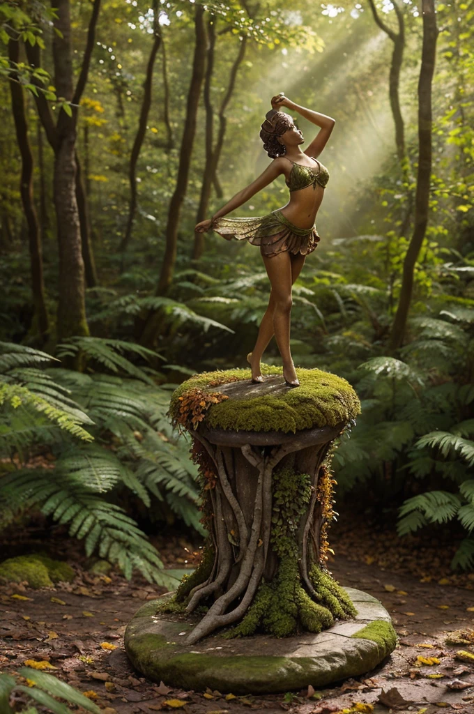 A whimsical miniature figure composed of delicately arranged autumn leaves, poised in a carefree dance on the rim of a weathered, moss-covered terracotta pot, set against a lush, vibrant forest backdrop, where dappled sunlight filters through the canopy above, casting intricate shadows. The overall aesthetic is ethereal, with warm, earthy tones of sienna, umber, and olive green, infused with hints of emerald and golden light, evoking a sense of wonder and enchantment, as if plucked from a fantastical realm.