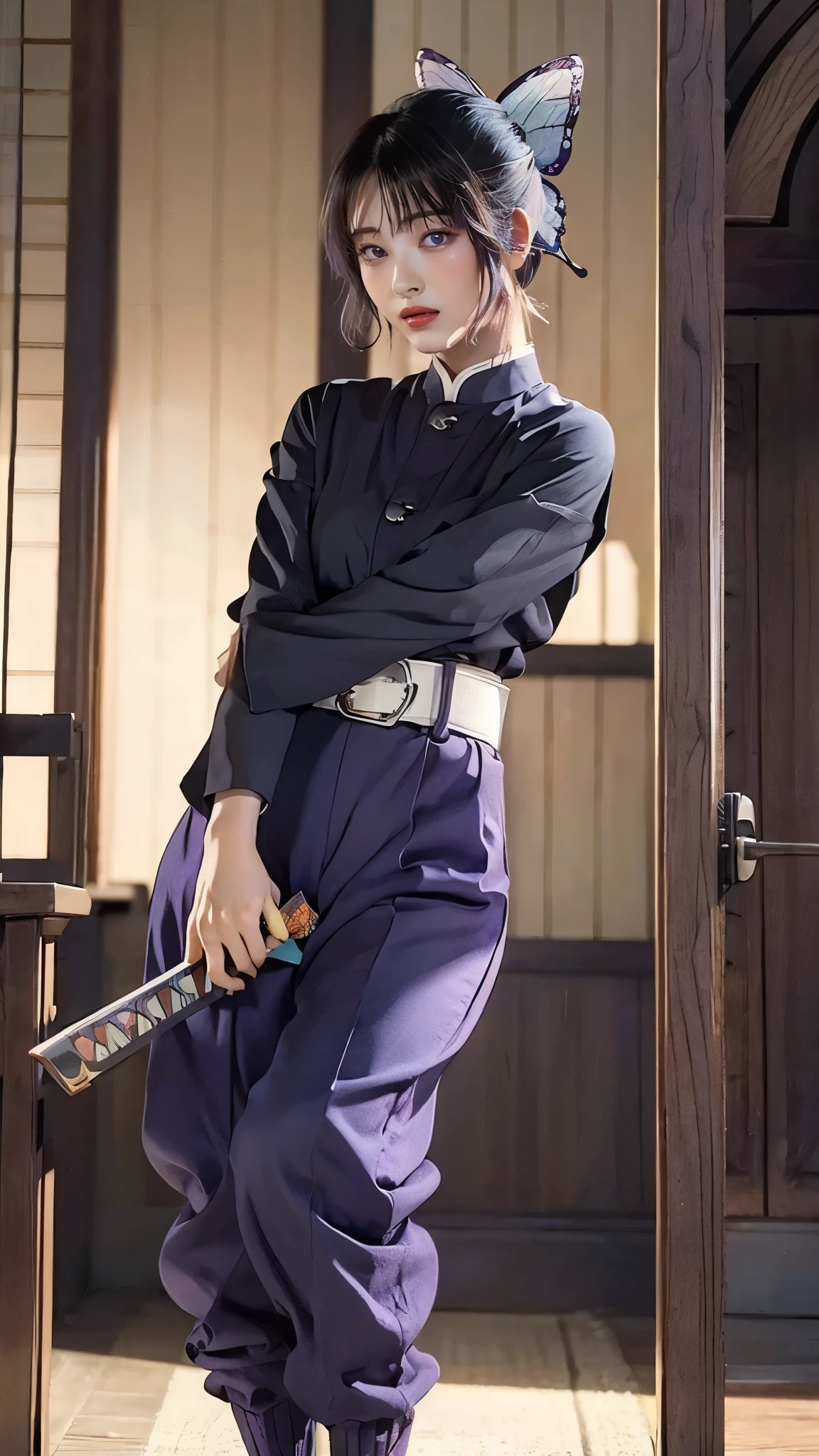 Moisturized skin, (purple eyes: 1.4), perfect body, (adult female body), embarrassed expression, shy, shy, does not make eye contact,
BREAK,
,bright red lipstick,
BREAK,
(long bangs at both ends: 1.2),(purple tips),
BREAK,
((masterpiece+best quality+high resolution+highly detailed)), (full body: 1.2),symmetrical, one shot,
BREAK,
(butterflies fluttering), (wind blowing),(battle stance: 1.4),((big full moon in the sky)),
BREAK,
(Kocho Shinobu: 1.3),dignified,