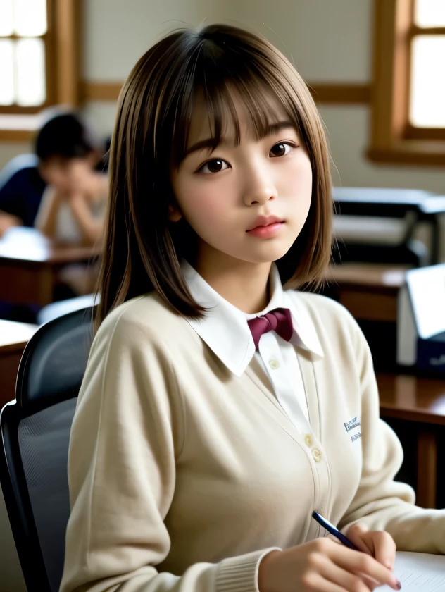 1girl, front view, a Japanese young pretty girl, , Very serious expression, looking away, (Many students in the background:1.4), short Hair, glamorous figure, busty, wearing a white collared shirt of long sleeves, Cardigan, plain Dark red bow tie, hyper cute face, glossy lips, double eyelids in both eyes, natural, long eyelashes, shiny smooth light brown hair, asymmetrical bangs, fair skin, central image, high resolution, high detail, detailed hairstyle, detailed face, Junior high , old wooden school building, classroom, (take a seat at the desk:1.4), During study, On the desk are textbooks and notebooks, spectacular cinematic lighting, octane rendering, vibrant, hyper realistic, perfect limbs, perfect anatomy,