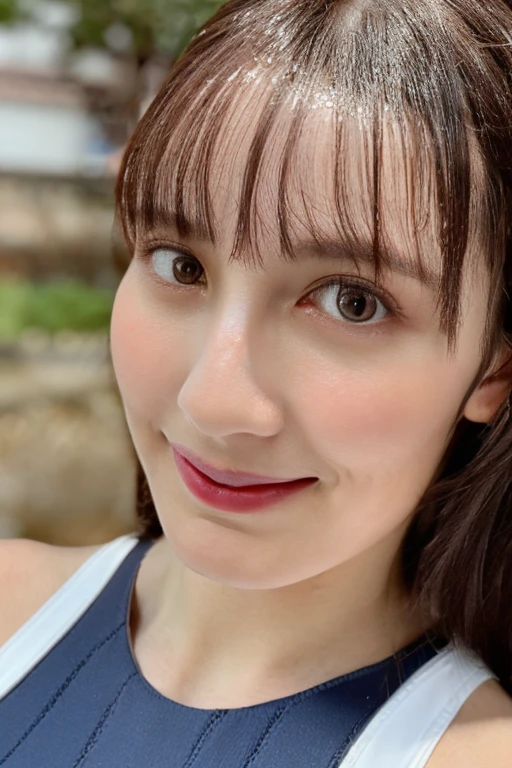 gorgeous woman, 1 girl, white one-piece swimsuit:1.2, skinny, healthy, perfect body:1.2, abs:1.1, dark brown hair:1.1, rain wet, wet body:1.2, night pool room:1.6, ultra-detailed face, detailed lips, detailed eyes, double eyelids, pubic hair, black skin, trimmed bangs, shy smile, (best quality,8k,masterpiece:1.3)