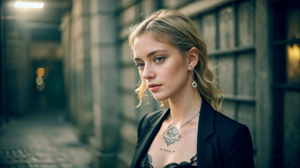 tatuados,Beautiful blonde with big breasts in a black suit、(Back tattoo、Many tattoos on both arms and neck)、 (Late night back alley、walk),Candlelight only,Very detailed, 21 years old, Innocent face, Wavy Hair, blue eyes, High resolution, masterpiece, Highest quality, Intricate details, Very detailed, Clear focus, Delicate skin, practical skin texture, texture, Delicate eyes, Professional, 4K, Sad face,despair、 Shot with Canon, 85mm, Shallow and deep,  Kodak Vision Color, Exactly, Very detailed, photograph_\(Extremist\), photographpractical, practical, Post-processing, Maximum details, Roughness, Real Life, Extremist practical, Photorealism, photographgraphy, 8K Ultra HD, photographgraphy