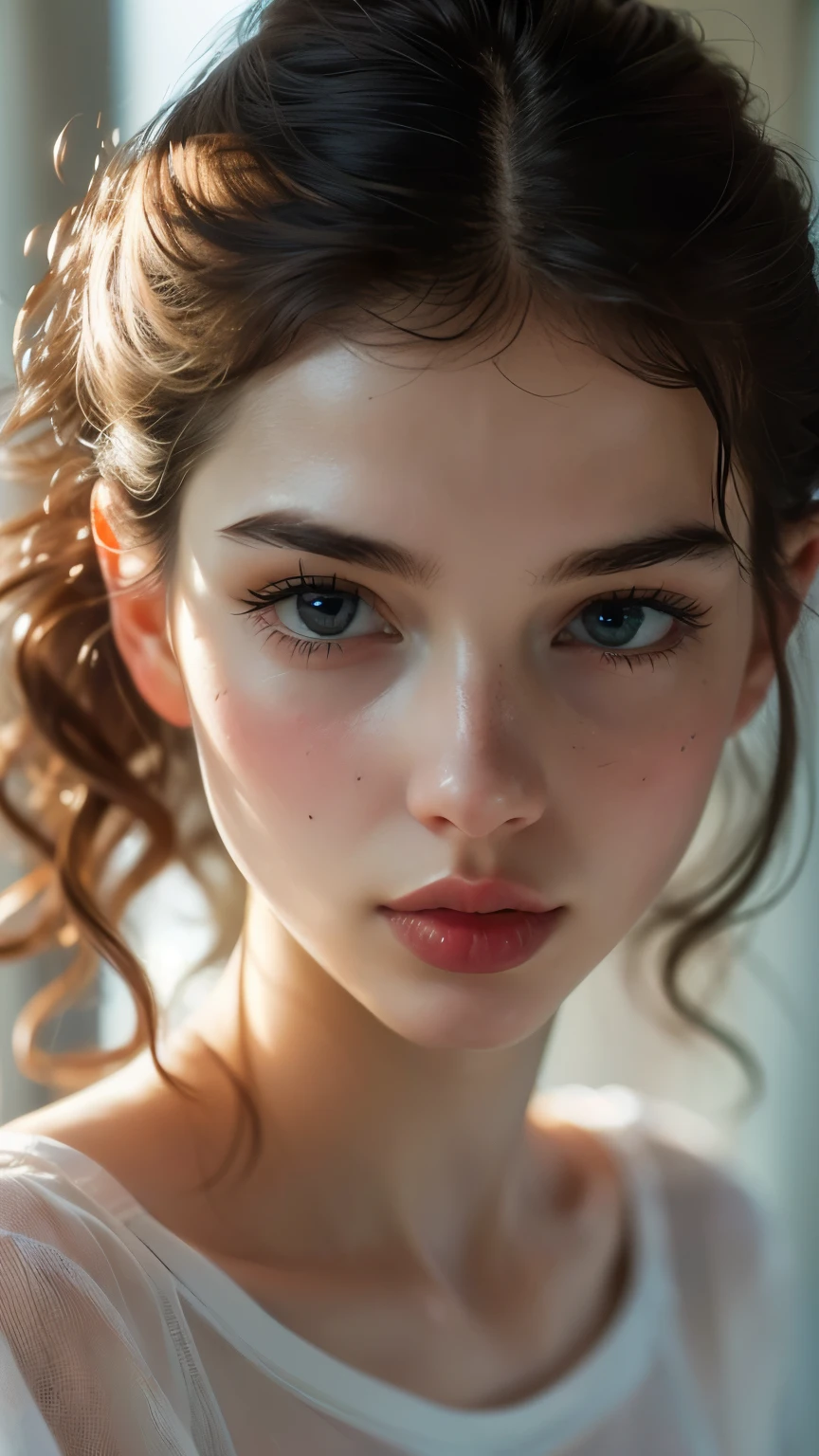 1girl, beautiful teenage girl, very small breasts, short wavy brown hair, portrait, oil painting, modern, realistic proportions, intricate, intricate details, sharp focus