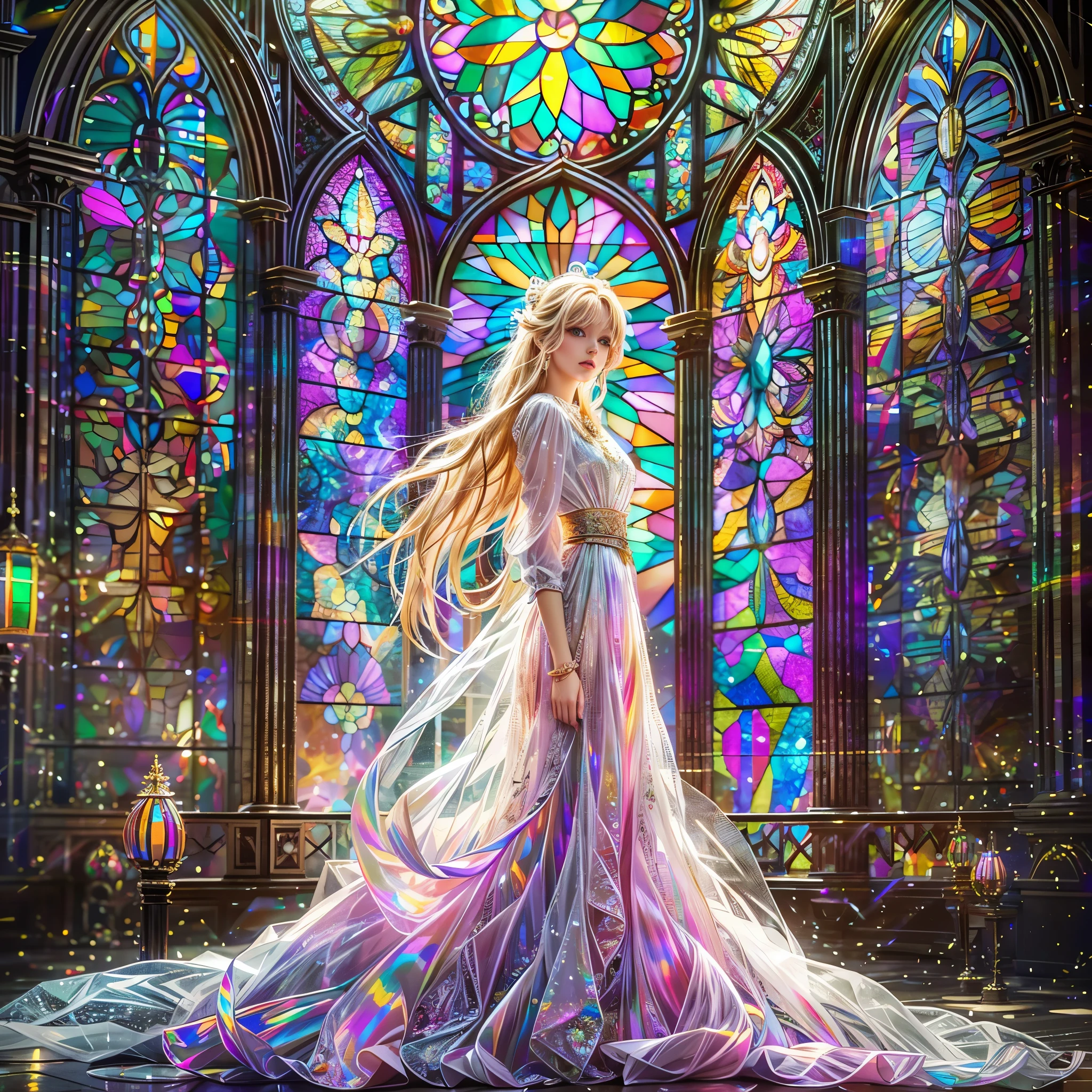 (Cathedral from below:1.28) (ZoomLayer) ((TopQuality 8K masterpiece of (Professional photo:1.37)), (((Clarisse de Cagliostro))) (Detailed White WeddingDresses), Chain, (((Extremely detailed KAWAII face))) {((VeiledFace))|BlondeHair|(Elaborate BuleEyes)with(SparklingHighlights:1.28)}, The background is distant (((Elaborate stained glass))) Rainbow Glass, {(MysticSight)|EnchantingAtmosphere|Haze|(GodRays)|TyndallEffect}, Radiant PearlSkin with Transparency, (Exposed:0.64)