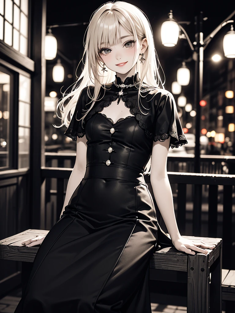 (Monochrome Art),(​masterpiece),(top-quality:1.2),((perfect ???????)),(perfect fingers:1.3),((arms behind back)),((1 girl)),((solo)),(flat chest),Highest quality,blonde hair,blunt bangs,(from side)(sideways glance),beautiful detailed eyes,red lips,capelet fashion,long skirt,sitting on chair,night outdoor,film lighting,depth of written boundary,bokeh,seductive smile,black and white and gray