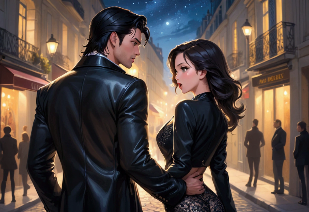 At night, in a french street, a sexy woman wearing nice dress and showing off her ass and showing her tongue to a handsome dark hair man bad boy. the man is wearing a black jacket
