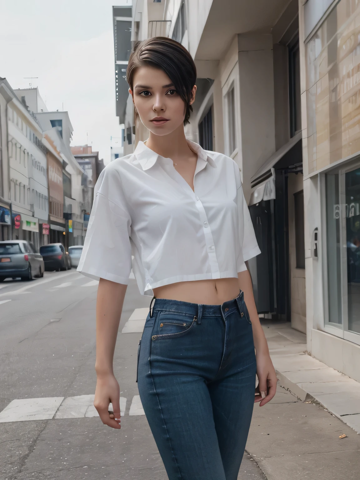 8k, RAW photo, best quality, ultra high resolution, photorealistic, (slim) girl, (black rainbow short undercut haircut), eye makup, 18 years old, perfect hands, five fingers, jeans pants, high heels, transparent white shirt
