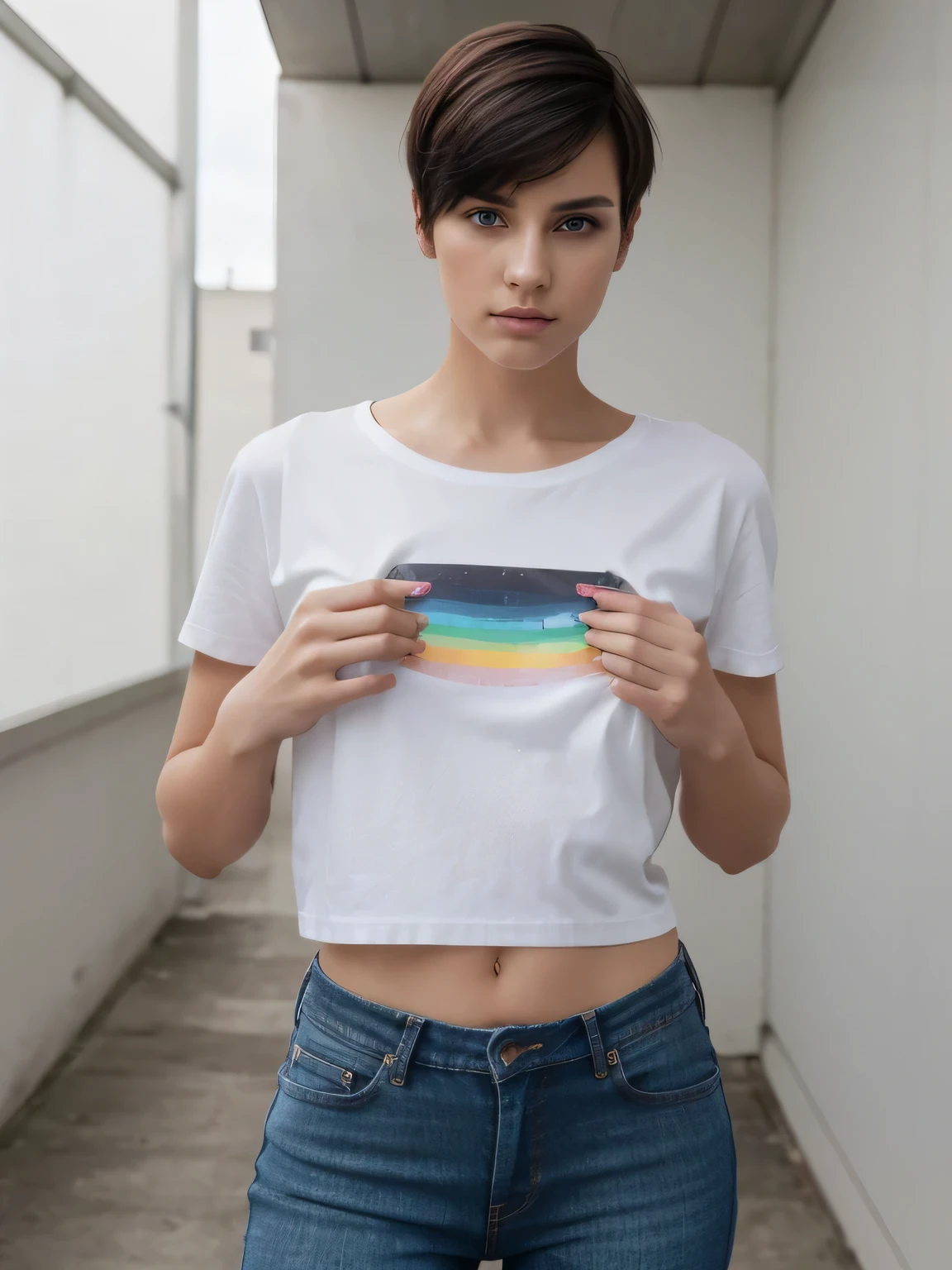 8k, RAW photo, best quality, ultra high resolution, photorealistic, (slim) girl, (black rainbow short undercut haircut), eye makup, 18 years old, perfect hands, five fingers, jeans pants, high heels, transparent white shirt
