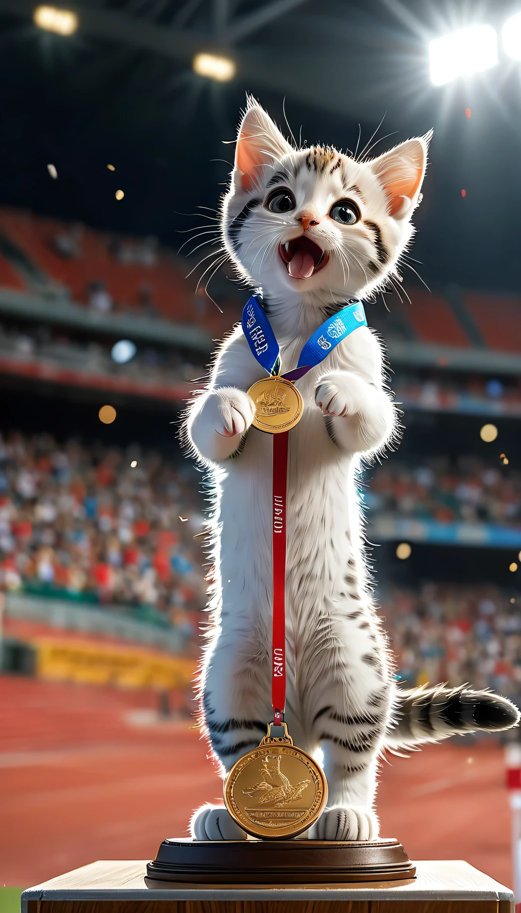 ((8k)), highest quality, 超High resolution, (High resolution), Kitten standing on the podium,Awarded,Biting the bronze medal, Loud cheers from the audience, Athletics Stadium