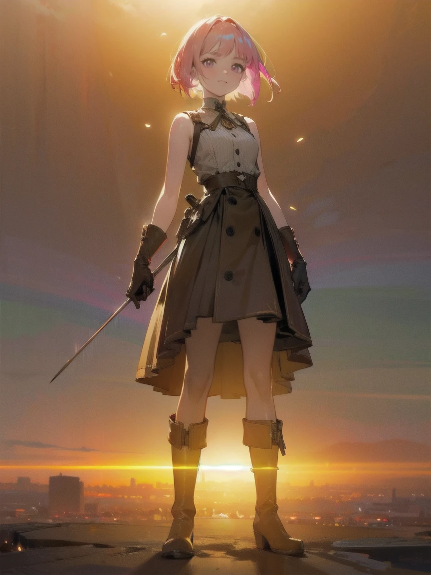 20 years old, with short pink hair just below the shoulders, pale pink eyes, and an expression that is serious yet happy. She dresses in an antique style, wearing a long light brown skirt, a sleeveless white blouse with a vertical red line down the center on the buttons, brown gloves, and high boots with many straps. Her weapons are hundreds of needles connected by thread. 8k, high quality, full body, (ultra-realistic), {extremely detailed 8k CG unit wallpaper}, expansive landscape photograph,  (light: 2.0), (warm light source: 1.5), complex details, (iridescent colors: 1.5), (bright lighting), (atmospheric lighting), surreal, impressive, fantasy, (Solo: 1.2)