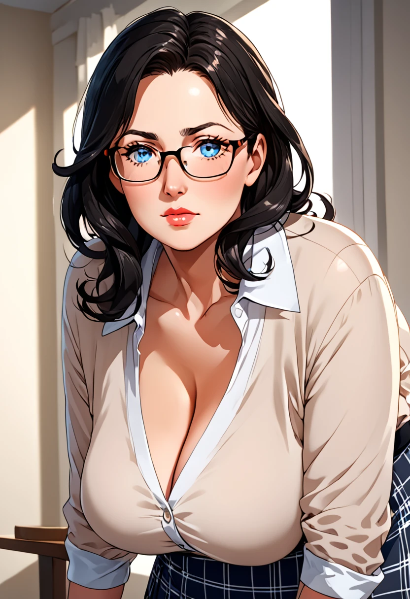 A buxom older woman in her 30's to early 40's, wearing a cardigan, a white button up shirt and a simple skirt. Facially, she is pretty but there are signs of her age such as crows feet, but with tired blue eyes, rosy cheeks, plump pouty lips. Black hair, long and sleek. The woman looks tired and overworked, it is notable how tired she is by the bangs under her eyes. She also wears rectangular glasses with thin frames. Physically she is beautifully endowed with big breasts that sag a little and wide hips. The woman looks slim but with a chubby tummy. The woman's body is curvaceous. The woman is a tired businesswoman. MILF. Mature Woman.