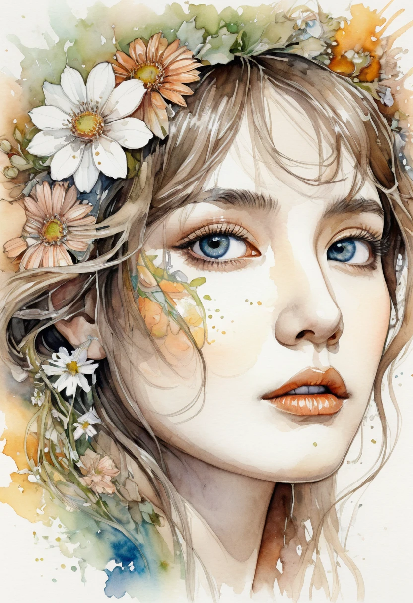 Sketch drawn with watercolor，A highly detailed head portrait showing her with flowers in her hair, Extremely detailed eyes, beautiful eyes, Image perfectly centered, White space around the drawing, Focus on facial lines, Drip watercolor, Ink Outline, The Artistic Fusion of Carnegie Griffith and Alphonse Mucha, 32k resolution, Best possible quality, like a doll