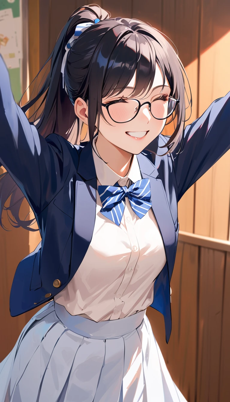 18 years old, a woman, ponytail, Black Hair, Glasses, smile,Navy blue blazer, White shirt, Navy blue long skirt, high school student,Bow deeply and stretch your arms out in front of you