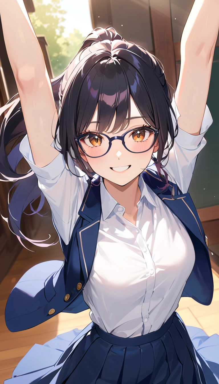 18 years old, a woman, ponytail, Black Hair, Glasses, smile,Navy blue blazer, White shirt, Navy blue long skirt, high school student,Bow deeply and stretch your arms out in front of you