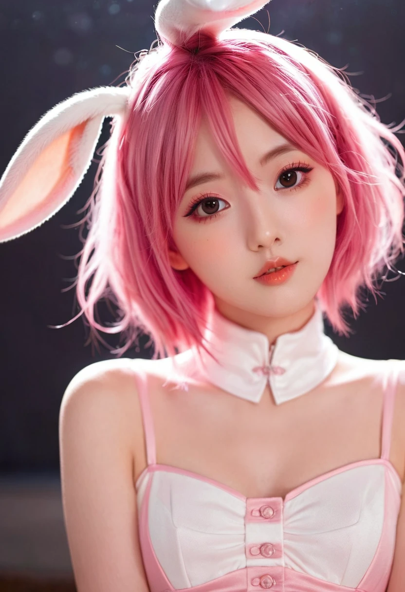 on the bed、Gravure photography、Realistic rabbit ears、Beautiful bust top、rabbit ears sticking out of the head,,、Pink hair、Pink rabbit ears、1 girl in、独奏、Pink bra、Pink Panties、​masterpiece、top-quality、realisitic、Hyper-detailing、(Glossy skin、be sweaty:1.4)、Lustrous smile、Smiling eyes、Smiling lips、absurderes、Looking at the camera、short pink hair、red eyes、Red Eyes、Slender beauties、动态照明、hight resolution、foco nítido、depth of fields、Detailed eye、Sharp eyes、Realistic eyes、(small tits:1.6)、(thick thight:1.0)、Protruding pubic hair、Beautiful shaped、Beautuful Women:1.4、Slender Abs:1.2、((Short-cut bob hair))、((small tits:1.4))、((k pop:1.3))、((Lingerie 1.5))、Highly detailed facial and skin texture、((the pose))、((魅惑的))、Anatomically correct number of fingers、Correct anatomy、Nipple