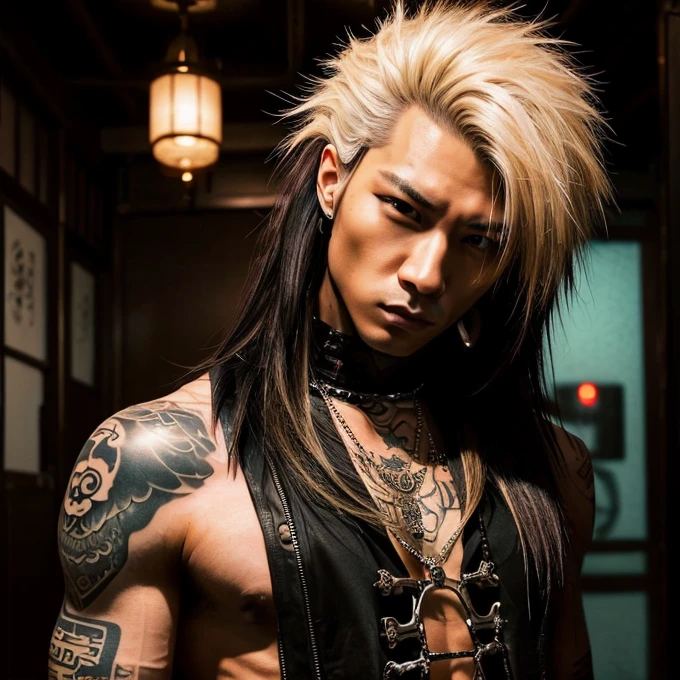 1 man, Japanese man, male, Asian eyes, muscular, broad shoulders, yakuza tattoos, hairstyle Visual Kei style, hair Visual Kei, black men's shirt and black pants, ultra detailed face, hyperrealistic, realistic representation, long hair, long hair, 30 years old, age 30 years, blond, blonde hair