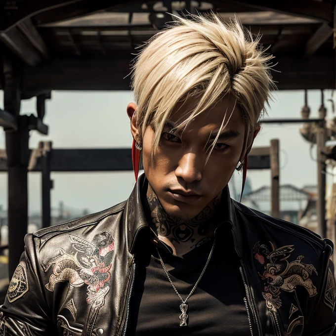 1 man, Japanese man, male, Asian eyes, muscular, broad shoulders, yakuza tattoos, hairstyle Visual Kei style, hair Visual Kei, black men's shirt and black pants, ultra detailed face, hyperrealistic, realistic representation, long hair, long hair, 30 years old, age 30 years, blond, blonde hair