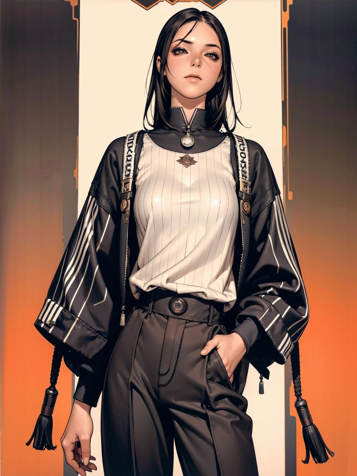 (best qualityer))), (((manga strokes))), (((black bob hair with straight bangs and aquamarine highlights))), (((wide pants with 2 side stripes))), uma Kizi jovem muito bem vestida com roupas modernas de inverno, top gift vertical stripes, short jacket with dark fur collar, beautiful and expressive face, slightly-smile, big eyes with long black eyelashes, heavy make-up, chains and zippers spread across clothes, contrasting colours, pose de atitude, hair with a modern and futuristic cut, urban game poster art, dramatic camera angles, graffiti art elements in the background, design mixing contemporary and retro by Shepard Fairey, (((cowboy shot))), (((best qualityer: 1.4))), (Unbeatable masterpiece), (hiper HD),(CG 8k hyper-realistic), Kizi, (((standing alone))), pirralha violent, (((14歳))), sexly, pose de atitude, work of art, post-apocalypse, (((manga style))), bounty hunter, violent, Manic, the way you want, slenderbody, thin but strong, perfectbody, roupa moderna, advanced technology, neon, sleeves with vertical striped pattern, neutral background, (( cowboy shot )). intricate visual