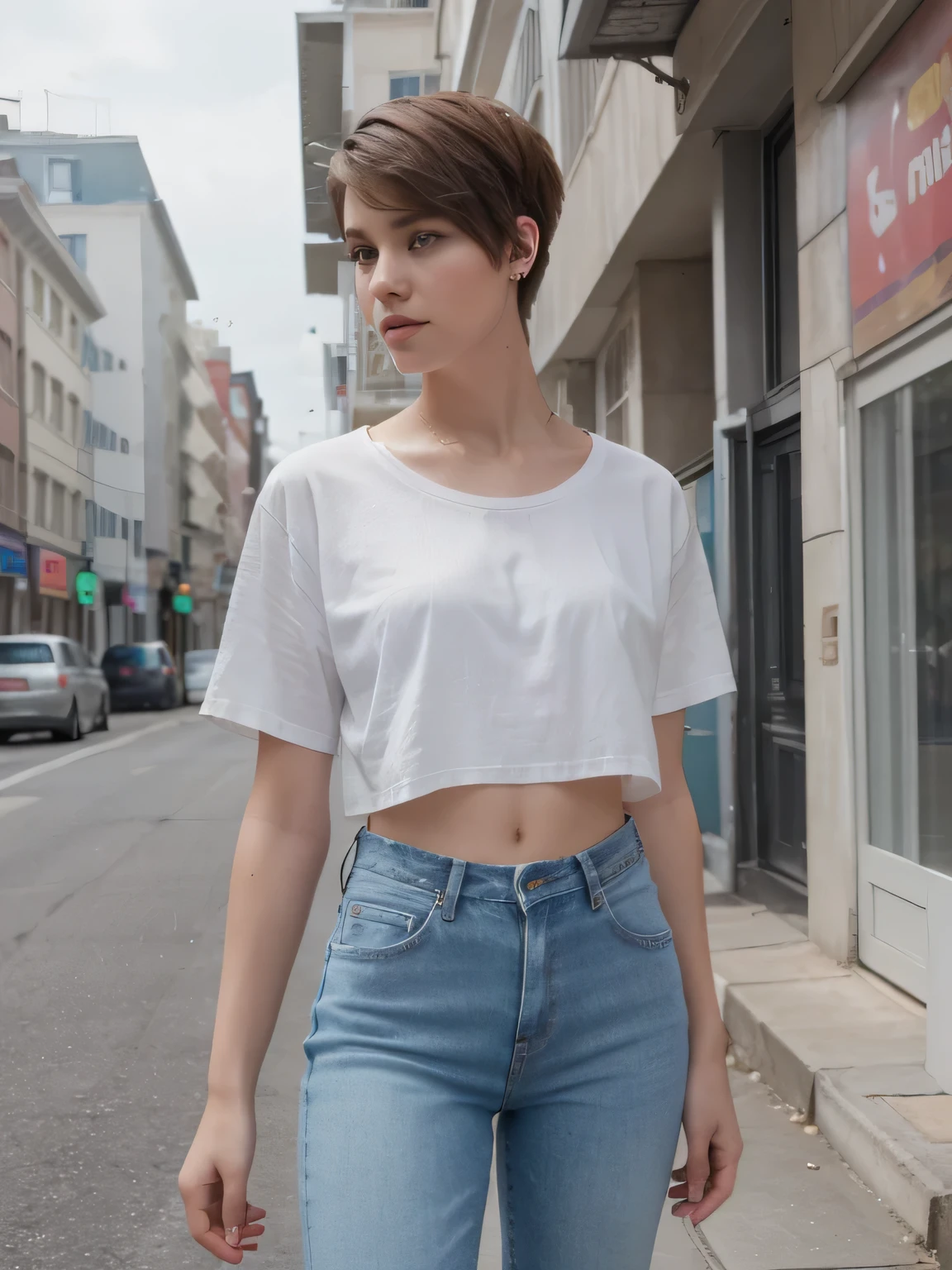 8k, RAW photo, best quality, ultra high resolution, photorealistic, (slim) girl, (rainbow short undercut haircut), eye makup, 18 years old, perfect hands, five fingers, jeans pants, high heels, transparent white shirt